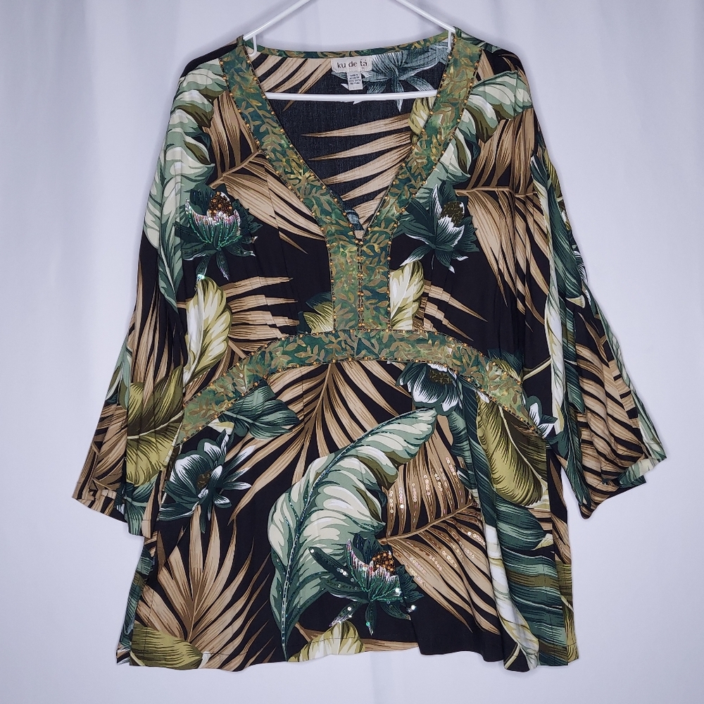 Ku-Da-Ta Top Womens 2X Empire Waist Vneck Beaded Tropical Kimono Vtg 90s Coastal